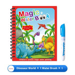 Children's magic water book with dinosaur illustrations and a water brush on a white background