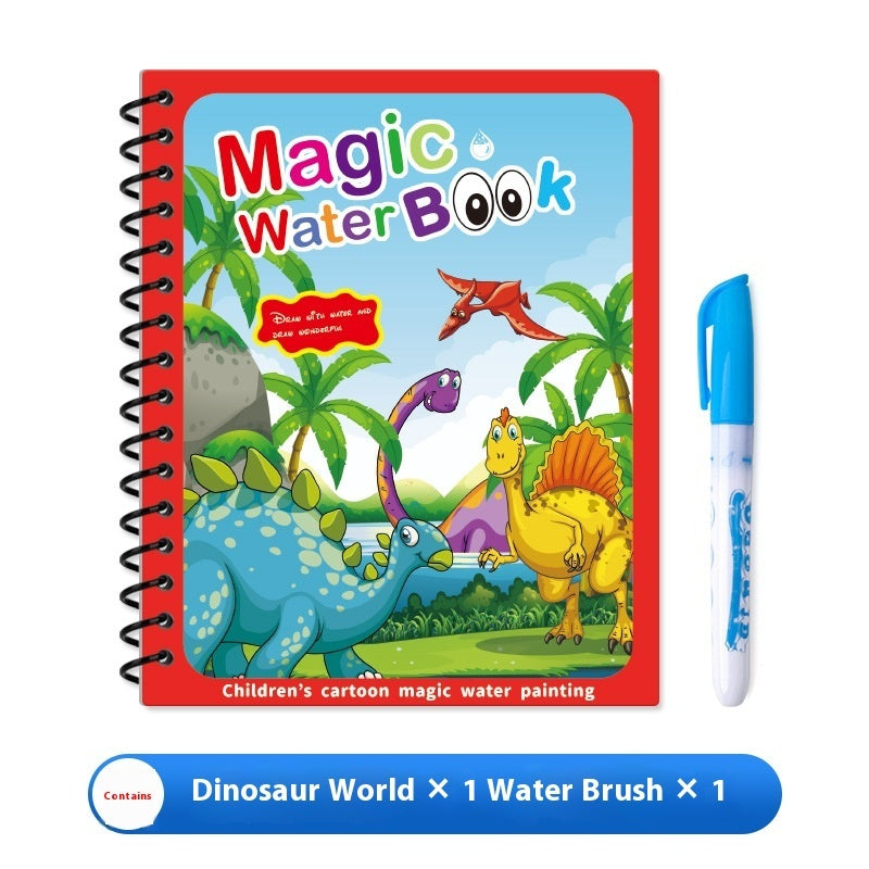 Children's magic water book with dinosaur illustrations and a water brush on a white background
