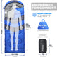 Blue sleeping bag with dimensions, weight, and comfort information displayed.