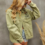 Perforated Coat Pocket Raglan Loose Jacket Women Denim