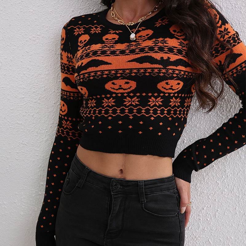 Women's Contrast Color Jacquard Fashion Round Neck Sweater EX-STOCK