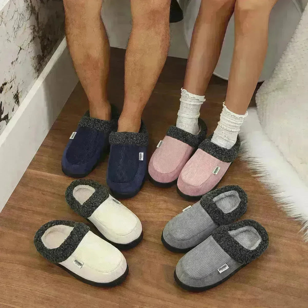 Fashion Solid Striped Cotton Slippers Winter Warm Indoor Bedroom Floor Slipper For Couples Non-slip Thick Sole House Shoes - EX-STOCK CANADA