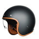 Black motorcycle helmet with brown accents on a white background
