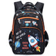Backpack with space-themed design featuring rockets and planets on a white background