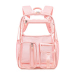 Pink backpack with clear front pocket on a white background