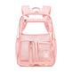 Pink backpack with clear front pocket on a white background