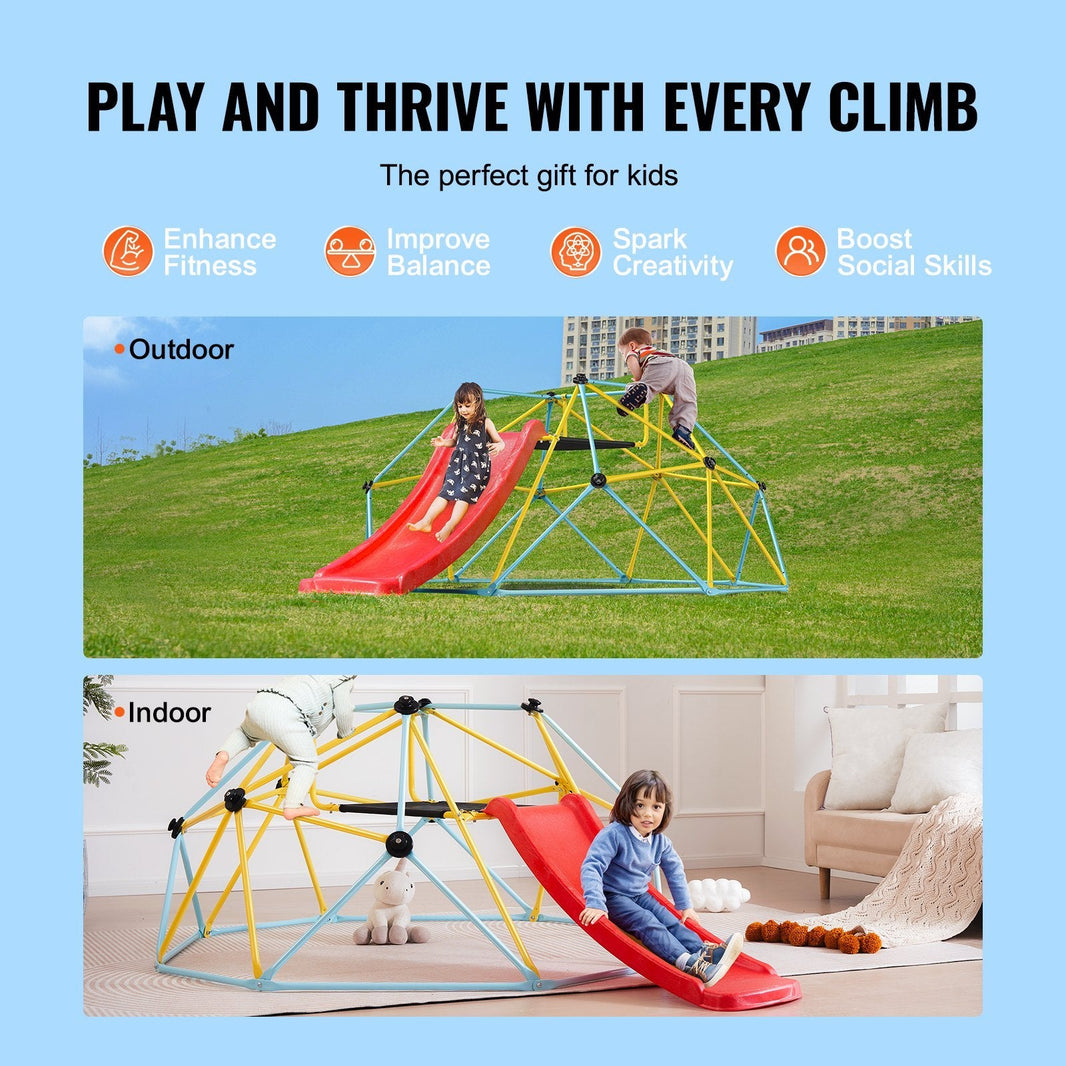 Climbing Dome, For Kids 3 To 9 Years Old, 8FT Geometric Dome Climber With Slide,Jungle Gym Supports 600LBS And Easy Assembly, With Climbing Grip, Outdoor And Indoor Play Equipment For Kids EX-STOCK