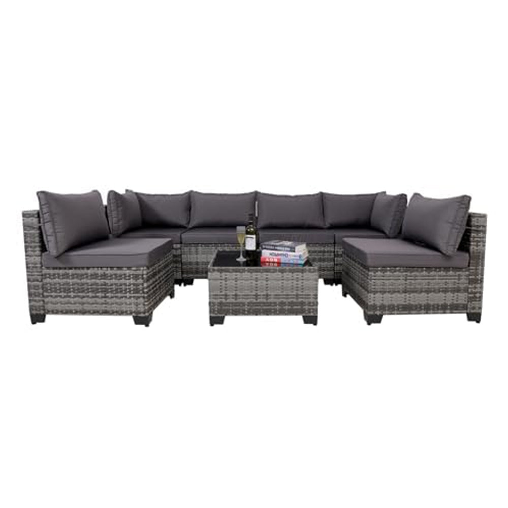 7 Pieces Outdoor Rattan Patio Sectional Set, Black Wicker Furniture Conversation Sets With Washable Cushions & Glass Coffee Table For Garden, Poolside, Backyard EX-STOCK Canada 