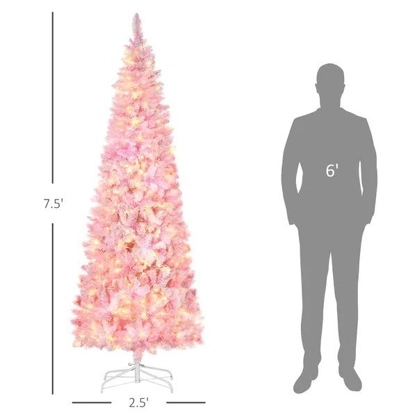 7.5 Foot Prelit Snow Flocked Artificial Christmas Tree With Pencil Shape, 700 Pine Realistic Branches, Warm White LED Lights, Auto Open, Pink And White EX-STOCK Canada 