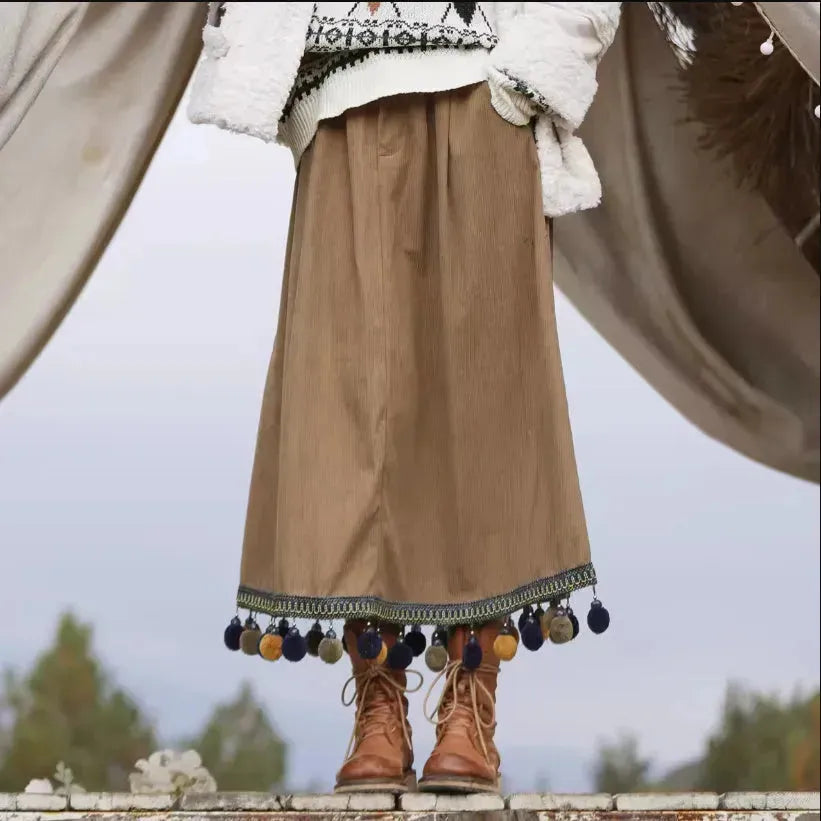 Corduroy Ethnic Style Fur Ball Stitching Brown High Waist Tassel Versatile Maxi Skirt - EX-STOCK CANADA