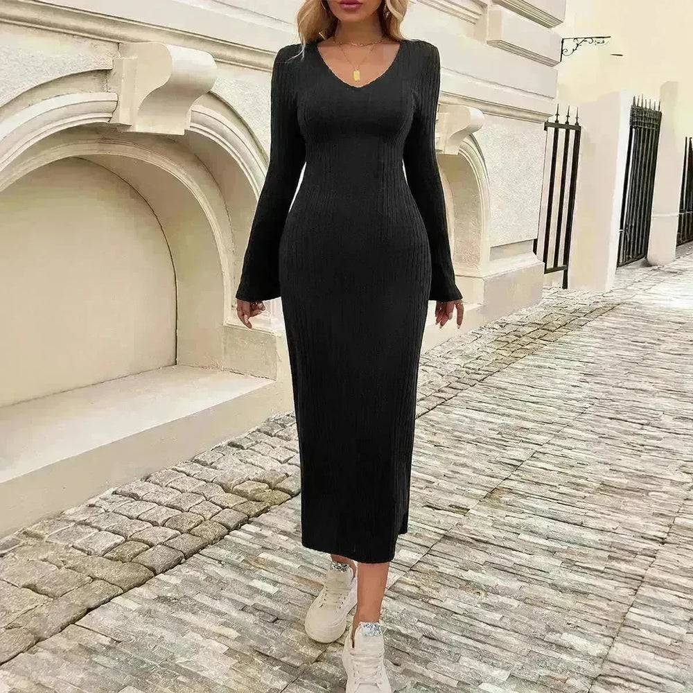 Cashmere V-neck Long bell sleeve Slim fit Midi Winter Sweater Dress - EX-STOCK CANADA
