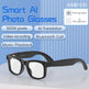 Smart AI photo glasses with features listed on a blue background
