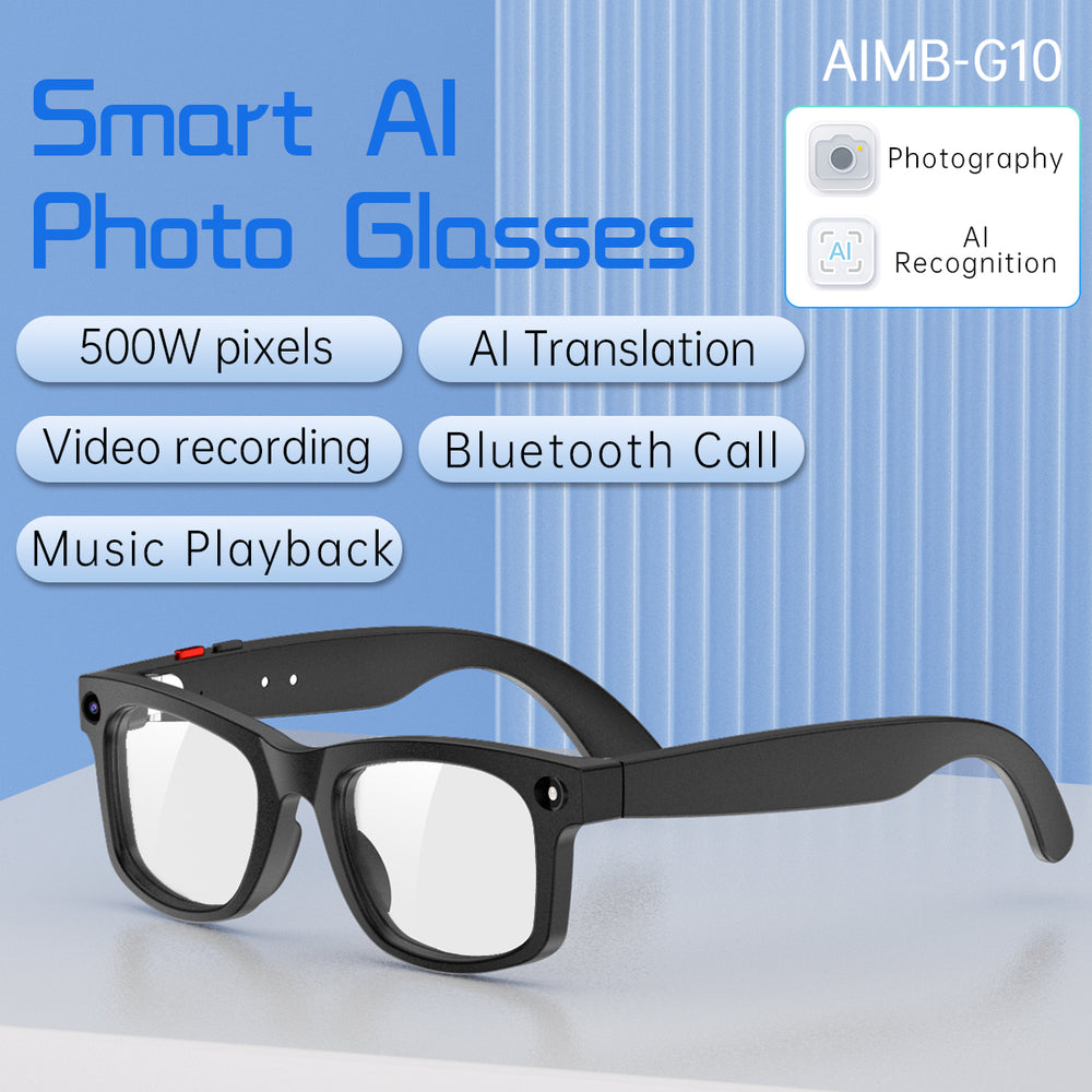 Smart AI photo glasses with features listed on a blue background
