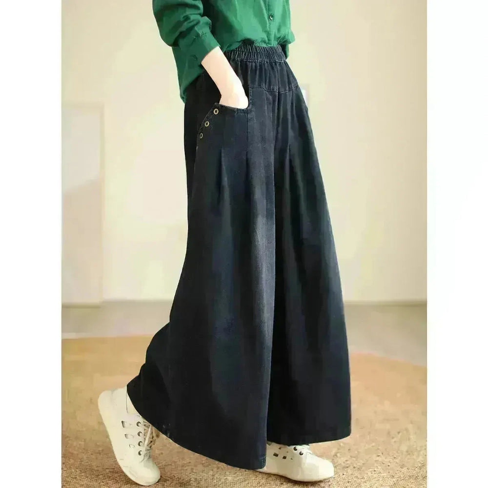 Wide-leg Baggy Jeans Pant Elastic Waist Washed Wear-white Loose Slimming And All-matching Trousers For Women - EX-STOCK CANADA
