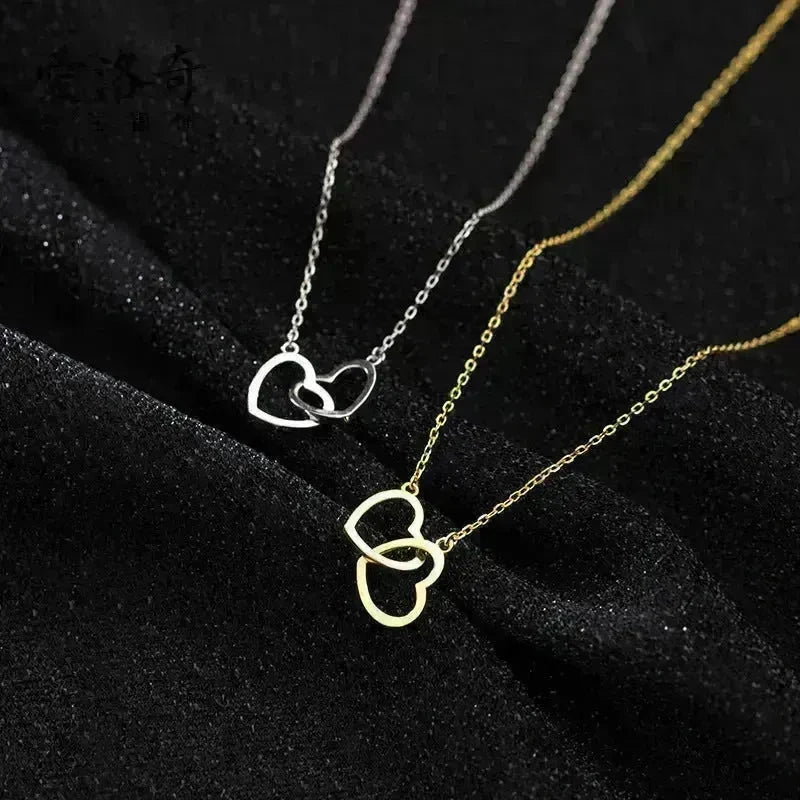 Double Heart Interlocking Titanium Steel Necklace Jewelry - EX-STOCK CANADA