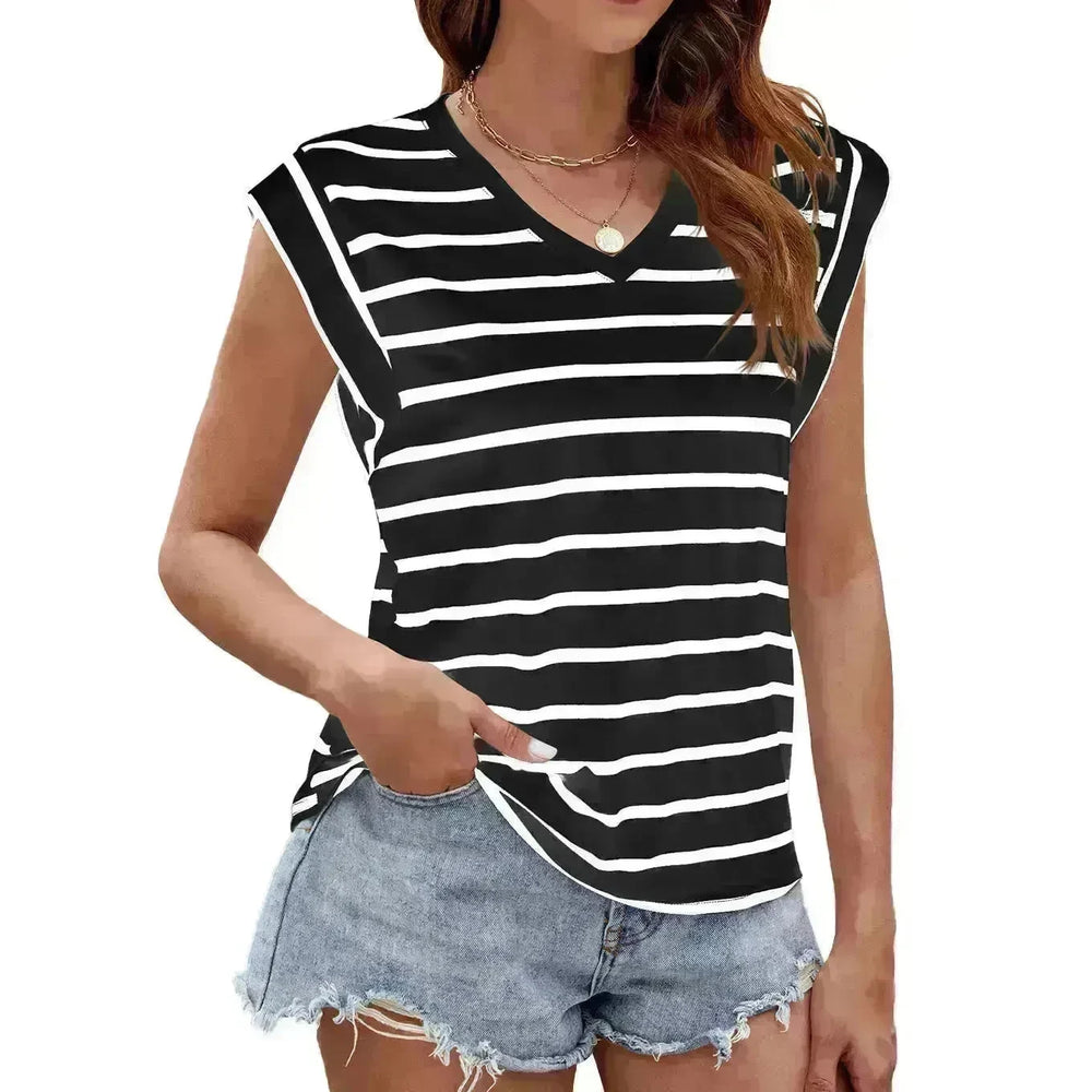 Fashion Stripe Print V-neck Short-sleeved T-Shirt Summer Loose Casual top for Women - EX-STOCK CANADA