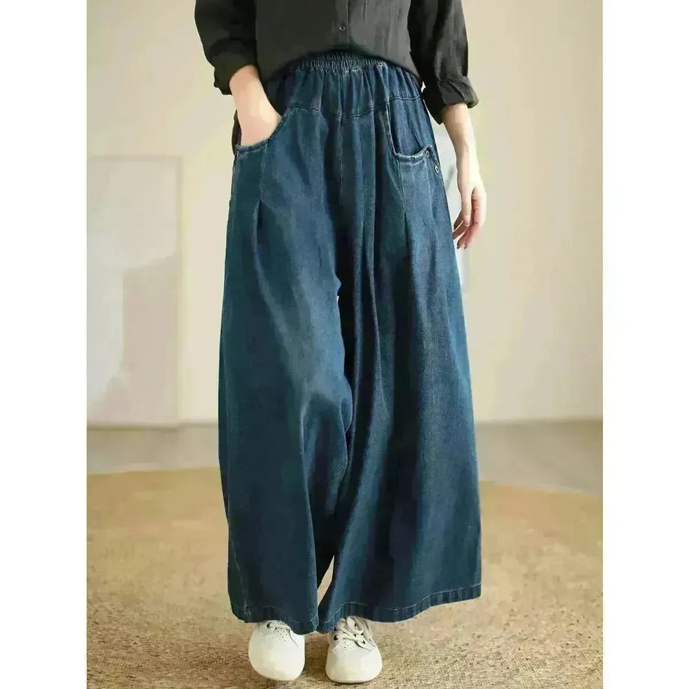 Wide-leg Baggy Jeans Pant Elastic Waist Washed Wear-white Loose Slimming And All-matching Trousers For Women - EX-STOCK CANADA