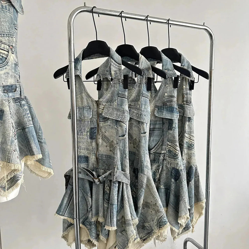 Waist-tight Halter Denim Dress Women's Distressed Retro Slimming Skirt - EX-STOCK CANADA