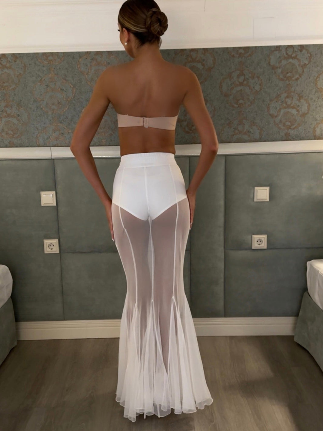 Women's White Sheer Mesh Maxi Skirt – Mermaid Fishtail Hem, XS–XL 2