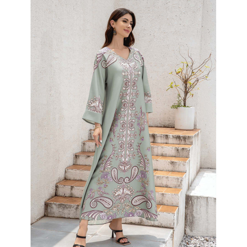 Abito da Donna Musulmana con Stampa di Perline Calde, Scollo a V e Polsini Rivoltati - EX-STOCK Canada