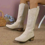 Women's Retro Pointed Toe Chunky Heel Solid Color Side Zipper Mid-calf Cowboy Boot - EX-STOCK CANADA