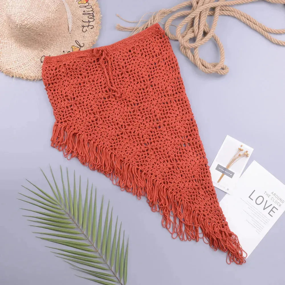 European And American Women's See Through Hollow Knitted tassel fringe Slant Beach Skirt - EX-STOCK CANADA
