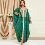 Dubai Turkey Arab Green Gilding Batwing Sleeve Bow Tie Stitching Middle East Popular Plus Size Tassel Split Dress - EX-STOCK CANADA