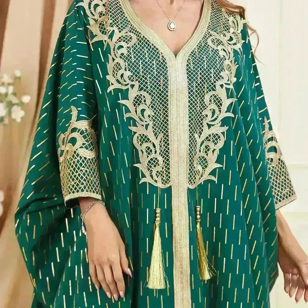 Dubai Turkey Arab Green Gilding Batwing Sleeve Bow Tie Stitching Middle East Popular Plus Size Tassel Split Dress - EX-STOCK CANADA