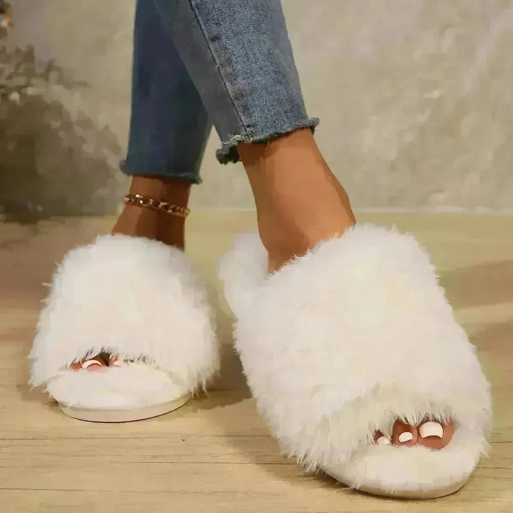 Fashion Open-toed Plush Slippers Winter Warm Indoor Bedroom Floor Soft Fluffy Slipper For Couple Solid Color House Shoes Women - EX-STOCK CANADA