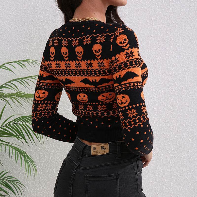 Women's Contrast Color Jacquard Fashion Round Neck Sweater EX-STOCK