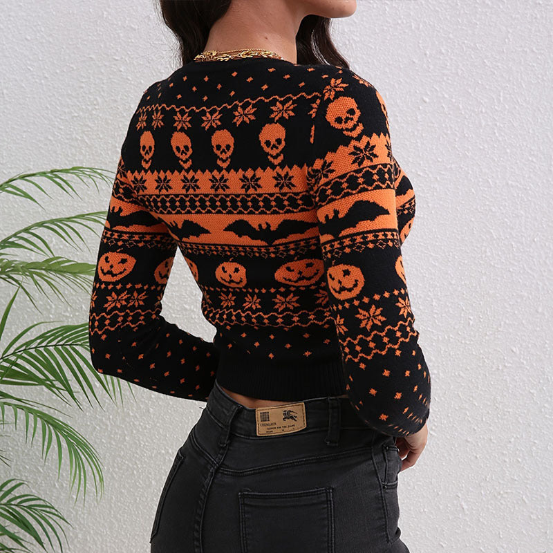 Women's Contrast Color Jacquard Fashion Round Neck Sweater EX-STOCK