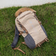 Beige and brown backpack on grass with a bear in the background