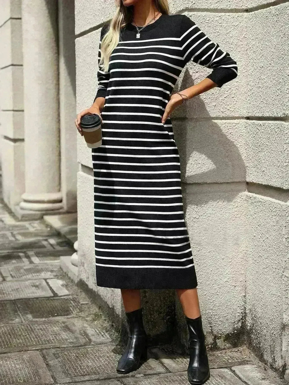 Slim Striped Printed Long Cashmere Dress  Autumn And Winter Long Sleeve Dresses For Women - EX-STOCK CANADA