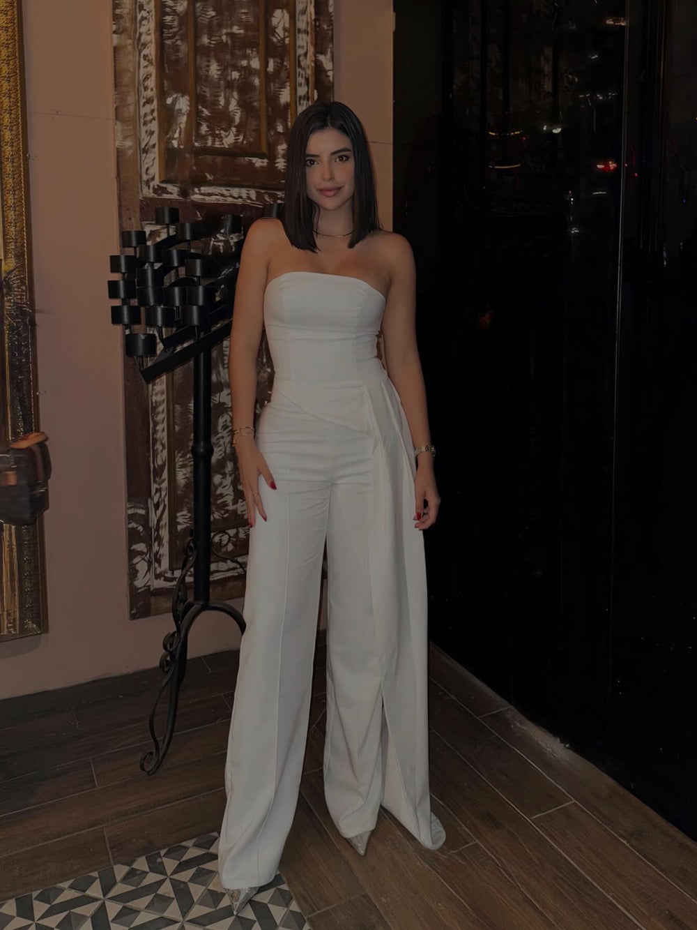 Women's Strapless Tube Top & Wide-Leg Trousers Set – Asymmetric Hem | Elegant White Co-Ord | Sizes XS–XL