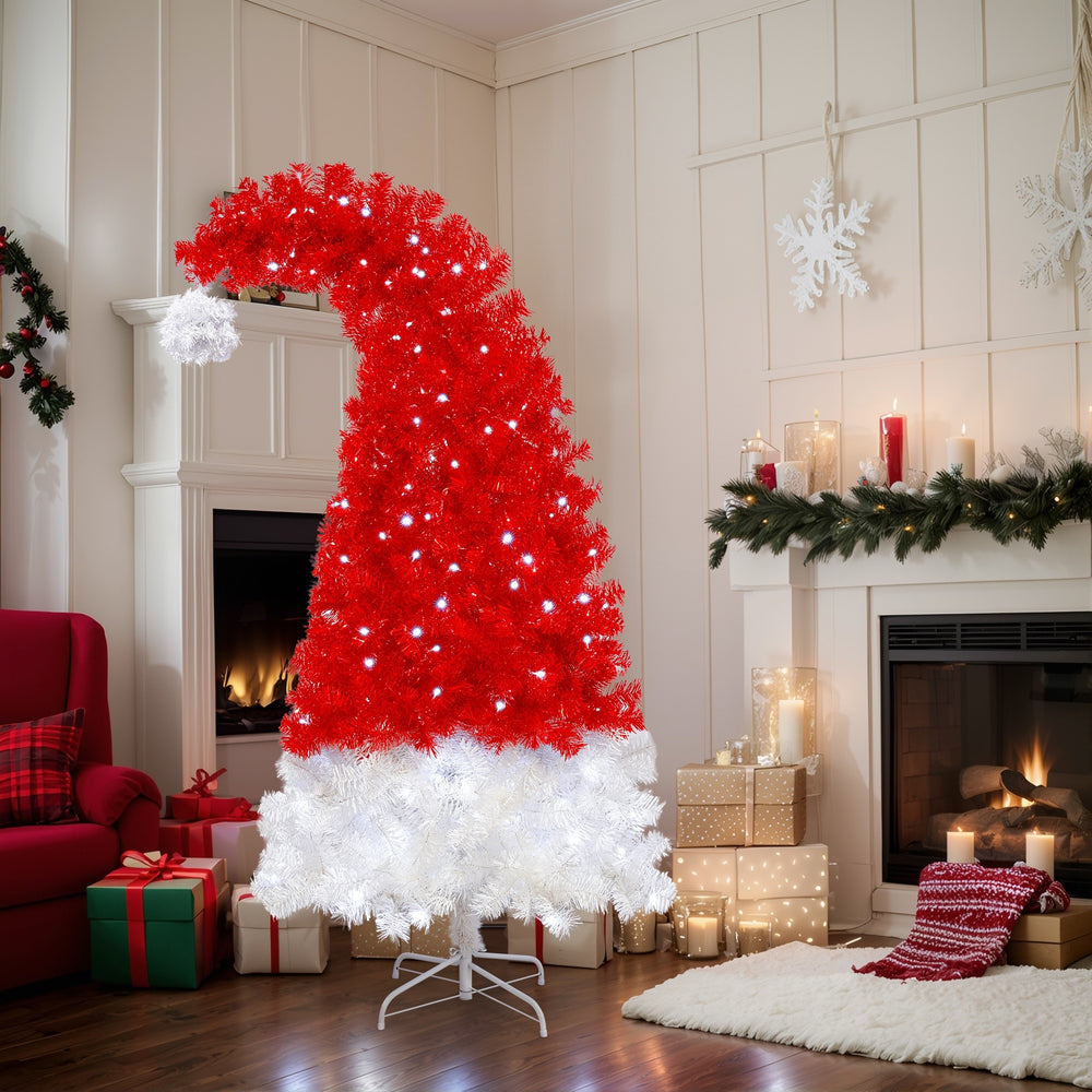 6FT Artificial Christmas Tree With LED Light, Santa's Hat Shape Artificial Whimsical Xmas Tree With 1050 Tip, Curved Xmax Tree EX-STOCK Canada 