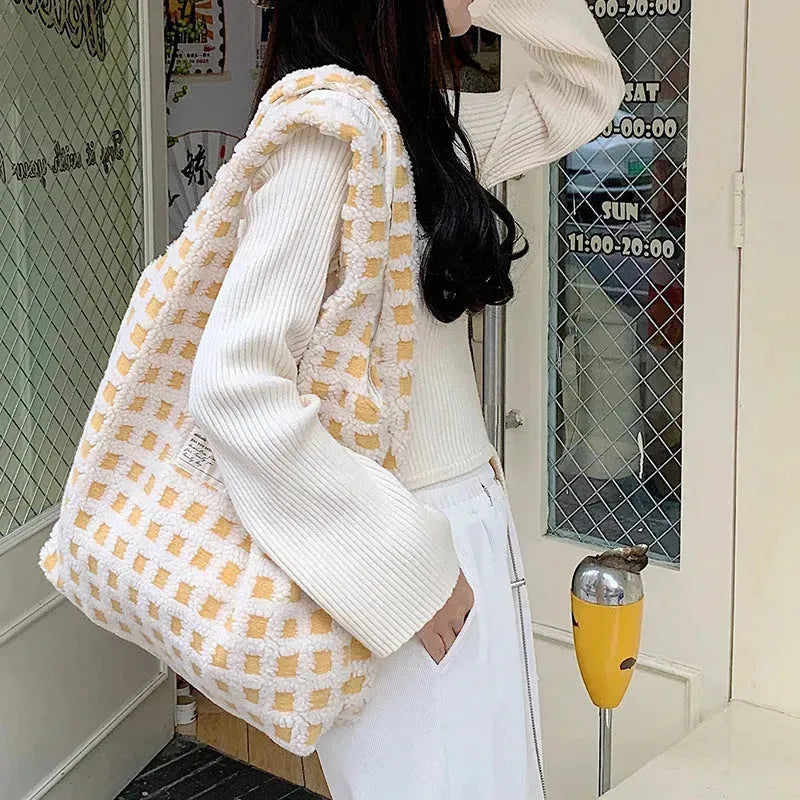 Waffle Flannel Bag Tote Bag Large Capacity Commute Minimalist Student Class Bag - EX-STOCK CANADA