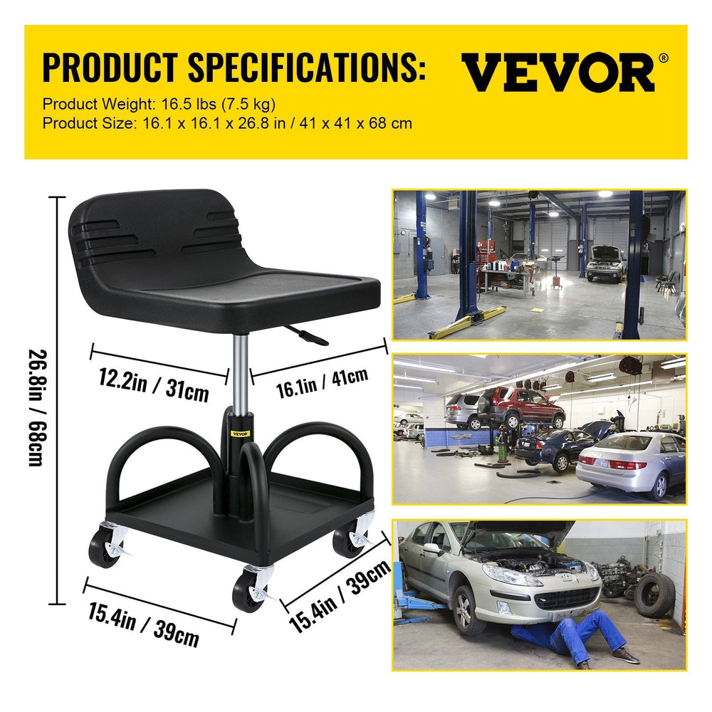 Rolling Garage Stool, 300LBS Capacity, Adjustable Height From 15.7 In To 20.5 In, Mechanic Seat With 360-degree Swivel Wheels And Tool Tray, For Workshop, Auto Repair Shop, Black EX-STOCK
