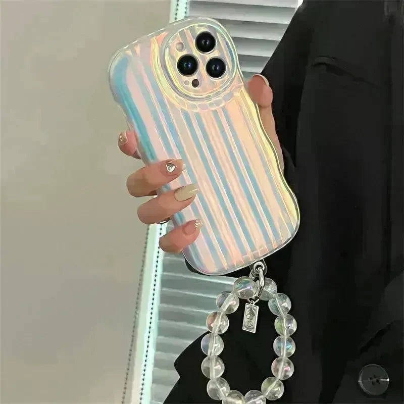 Laser Wave Silicone Phone Case Gradient Laser Stripes Bracelet Case For IPhone 14 13 12 11 Pro Max Plus Bead Chain - EX-STOCK CANADA
