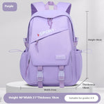 Purple backpack with measurement details on a light gray background