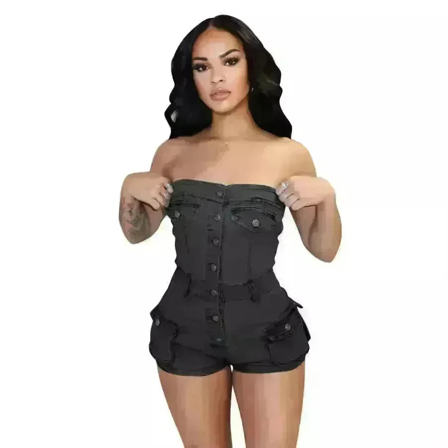 Strapless denim jumpsuit denim tube top jumpsuit  Denim short Jumpsuit women Denim Short Rompers jean romper shortsjean jumpsuit shorts - EX-STOCK CANADA