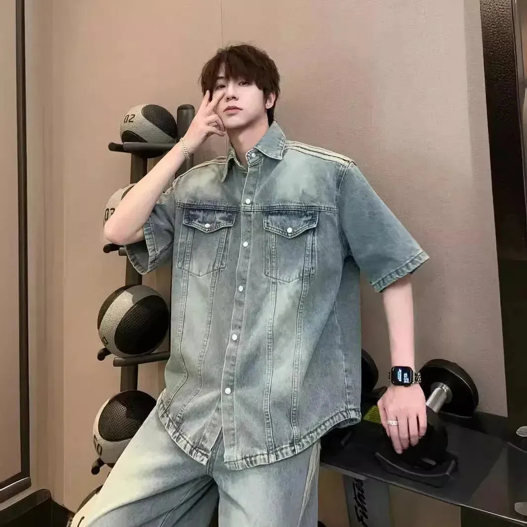 Retro Side Three Bar Stripes Short Sleeve Denim Shirt Outfit Men Jeans