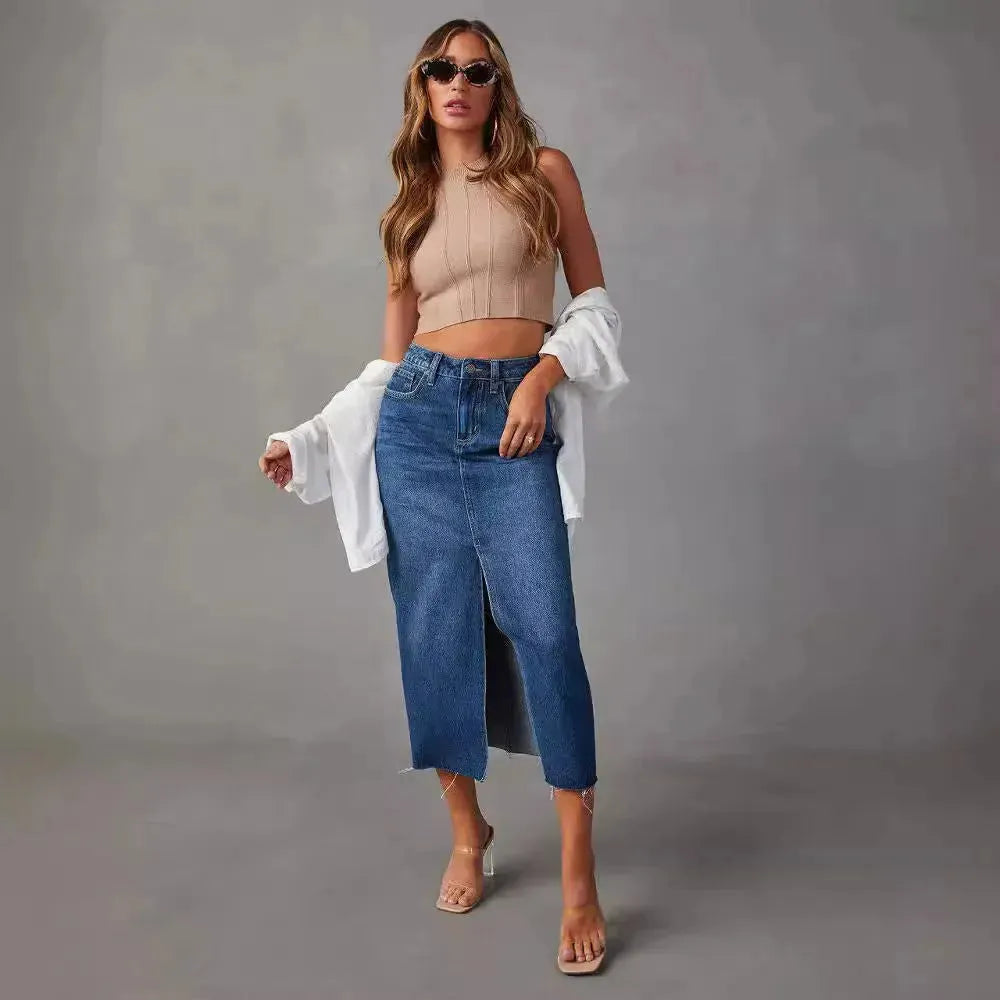 Women's Fashion Slimming front split Midi Denim Skirt - EX-STOCK CANADA
