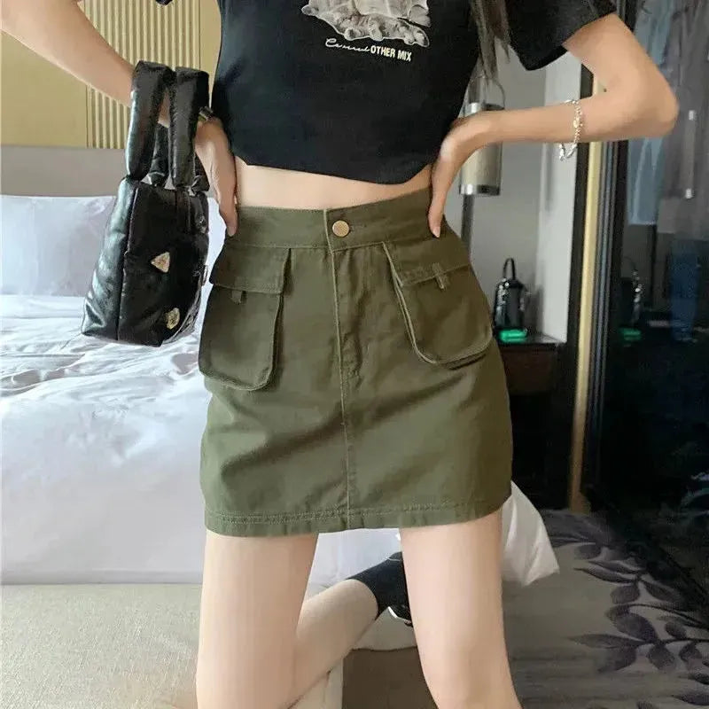 Workwear Denim Skirt Women's A- Line High Waist Mini Cargo Skirt