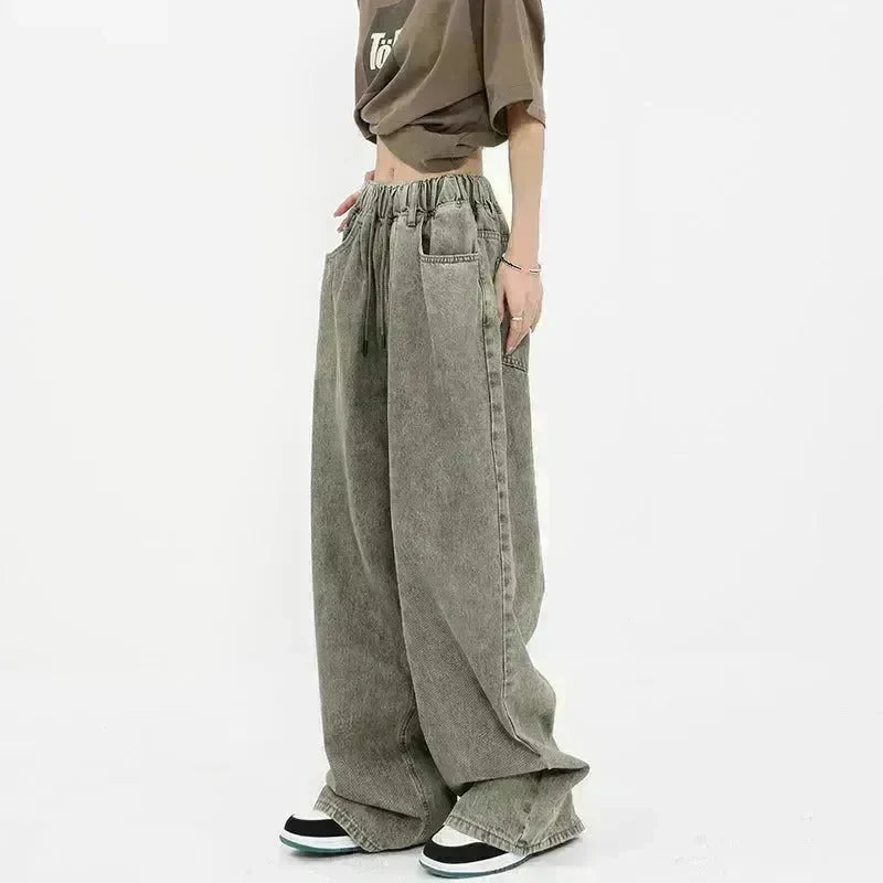 Retro Worn Looking Washed-out Drawstring Baggy Jeans Pant For Women - EX-STOCK CANADA