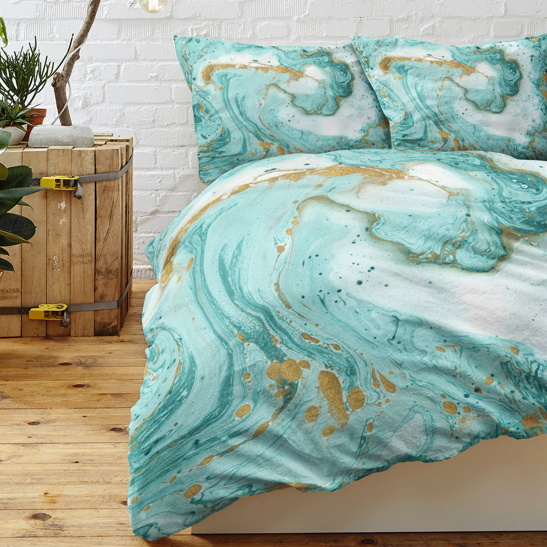 Chic Girly Marble Duvet Cover Mint Gold Glitter Turquoise Bedding Comforter Set Abstract Aqua Teel Blue Duvet Cover EX-STOCK Canada 