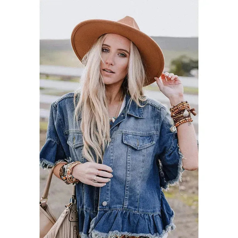 Ruffled Short Sleeves Tops For Women Loose Denim Jacket - EX-STOCK CANADA
