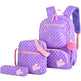 Purple polka dot backpack with pink accents and a matching pouch on a white background