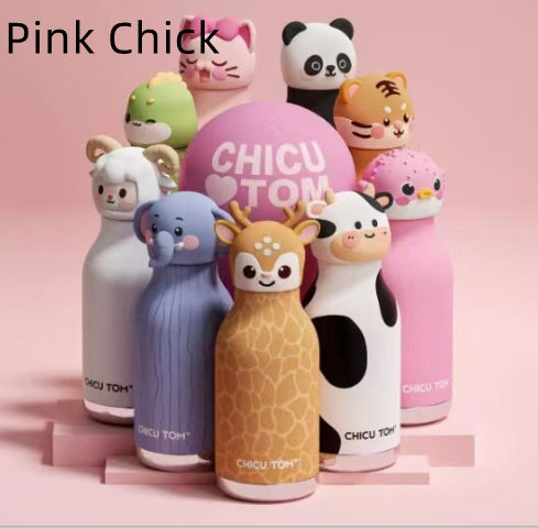 Collection of colorful animal-themed water bottles with 'Chicu Tom' branding on a pink background.