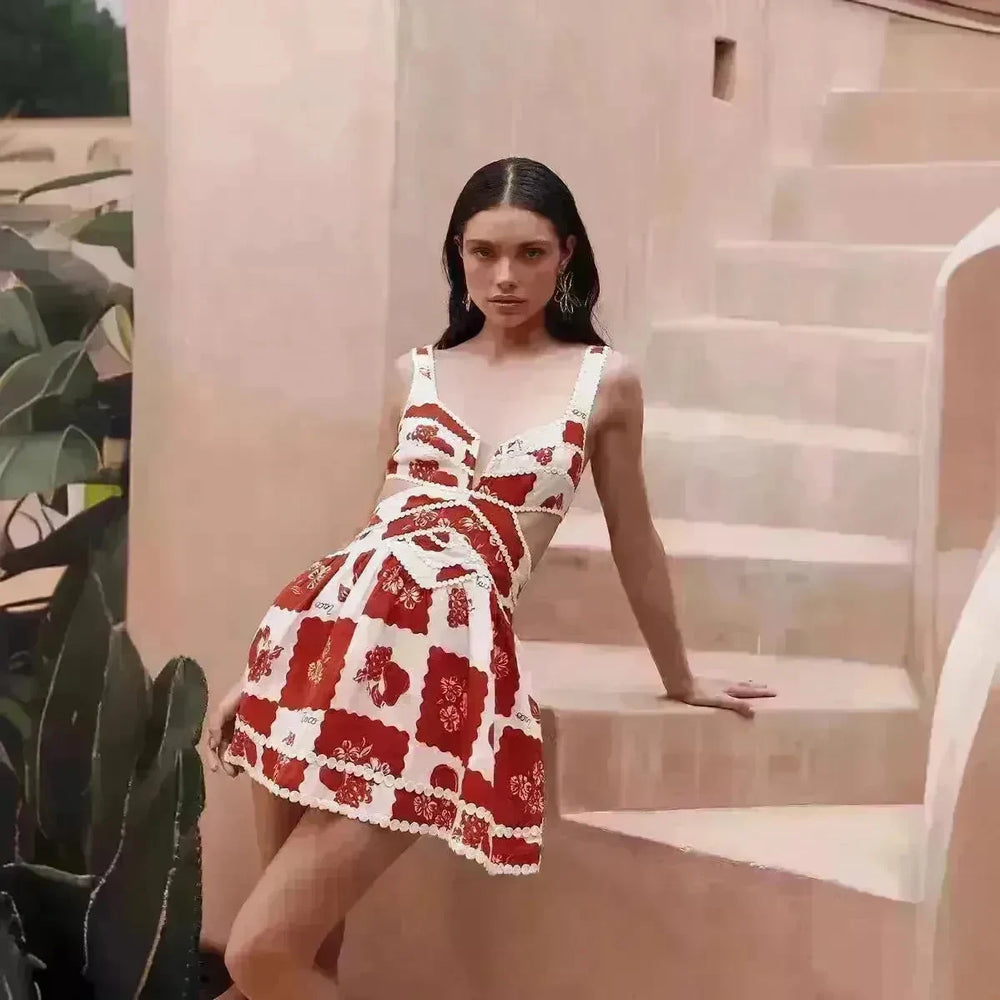 Women's Flower Print Lace Sling Dress Fashion V-neck Waist-baring Skirt Summer Clothing - EX-STOCK CANADA