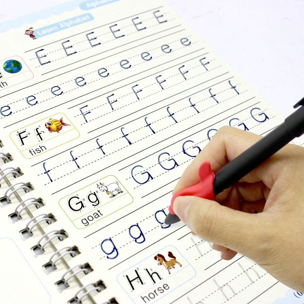 Handwriting practice sheet with letters E, F, G, and H, being written by a hand with a red pen.